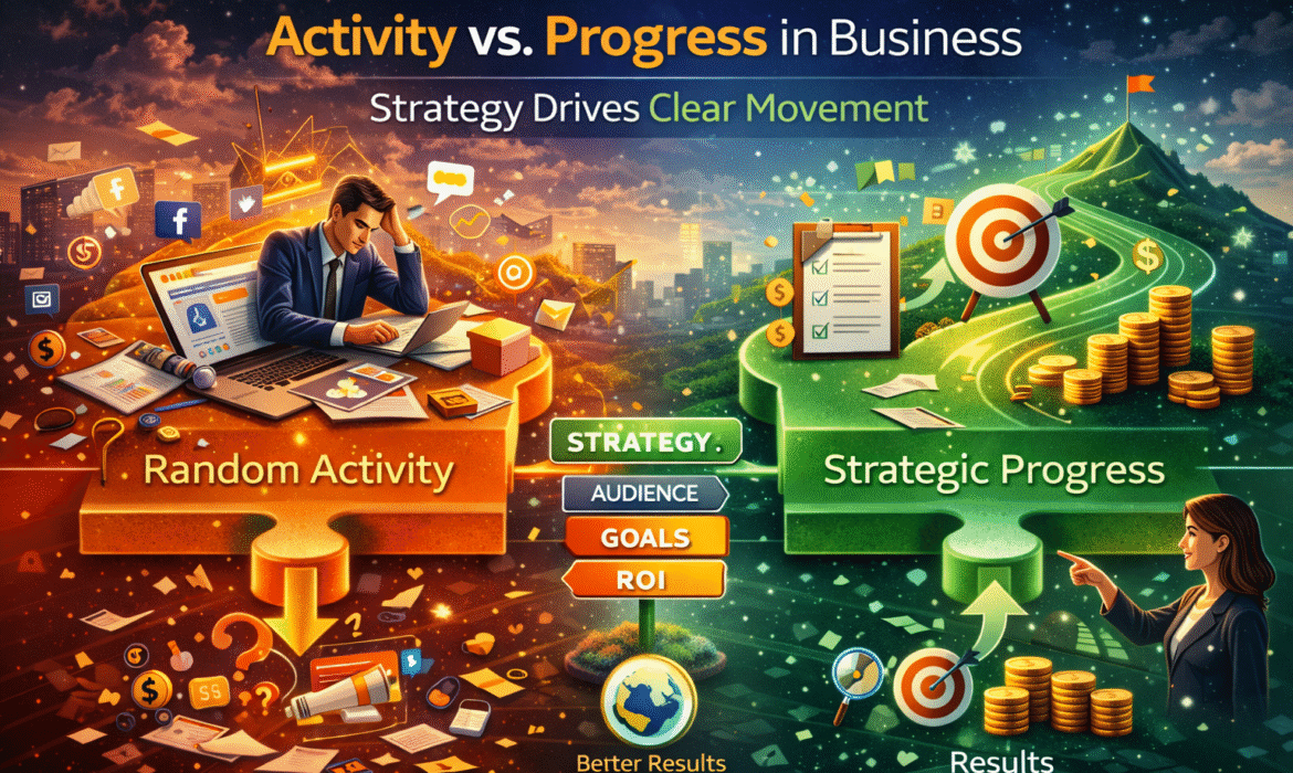 Marketing Go business marketing graphic comparing random activity vs. strategic progress, showing how strategy, audience, goals, and ROI help businesses achieve better results, growth, and measurable marketing performance. SEO Keywords: Marketing Go, digital marketing, digital marketing agency in Delhi, marketing strategy, strategic marketing, business growth, digital marketing strategy, ROI marketing, audience targeting, marketing goals, performance marketing, business results, online marketing, marketing planning, digital growth.