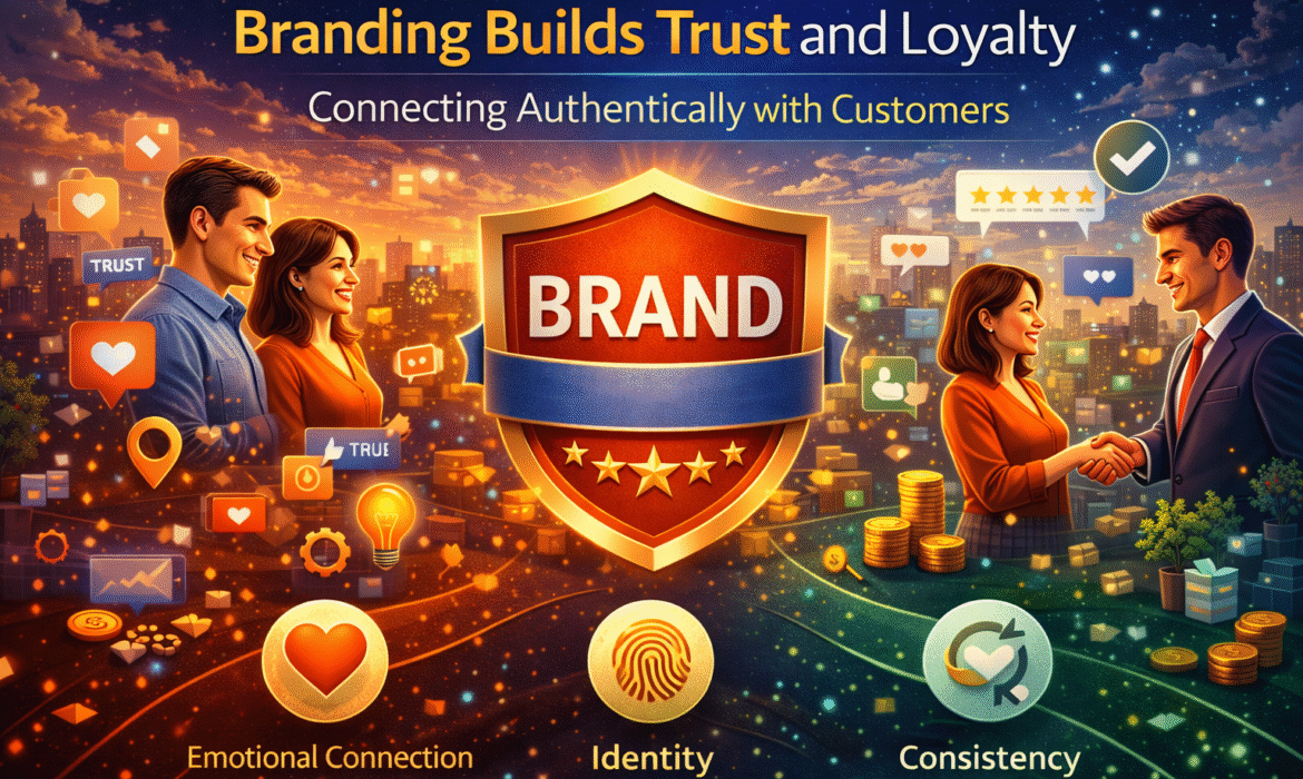 Marketing Go digital marketing graphic showing how branding builds trust and customer loyalty through emotional connection, brand identity, and consistency, with business people, brand shield, reviews, social media icons, and cityscape. SEO Keywords: Marketing Go, digital marketing agency in Delhi, branding, brand building, brand identity, customer loyalty, brand trust, digital marketing, online branding, marketing strategy, business branding, customer engagement, brand awareness, digital marketing services in Delhi.