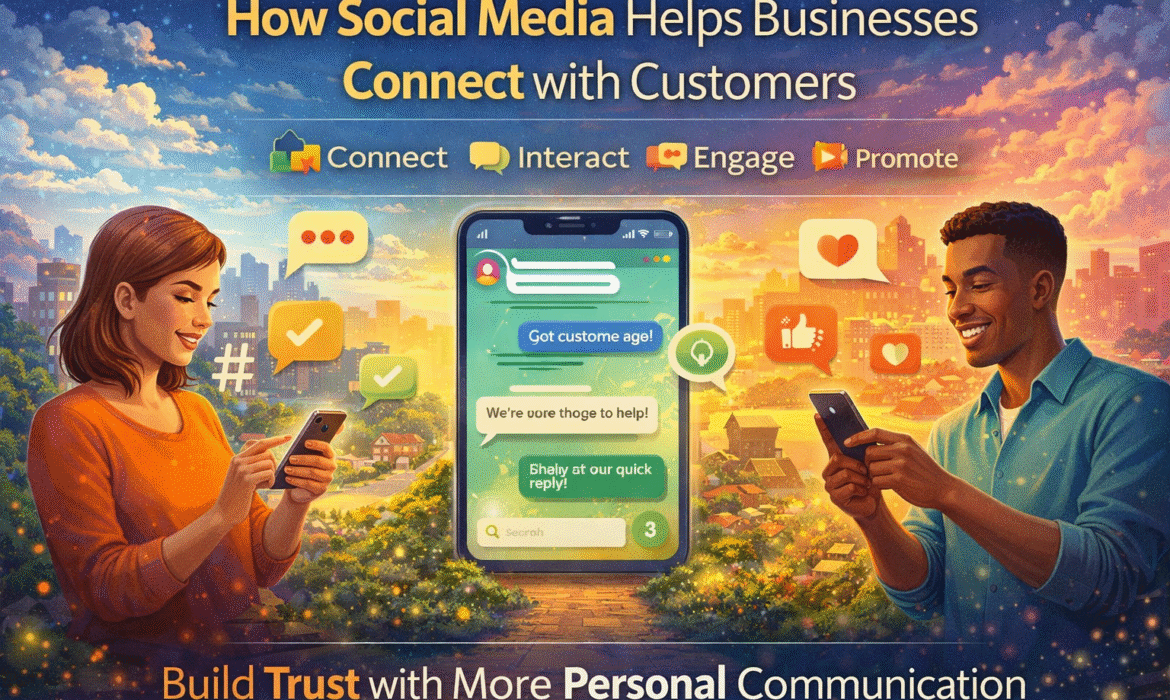 Marketing Go – How Social Media Helps Businesses Connect with Customers: A social media marketing graphic showing two customers using smartphones with a central business messaging interface, representing connection, interaction, engagement, promotion, trust, and personalized communication. Keywords: Marketing Go, digital marketing, social media marketing, social media marketing agency, social media management, digital marketing services, business promotion, customer engagement, online marketing, social media strategy, customer communication, brand awareness, marketing strategy, Marketing Go India.