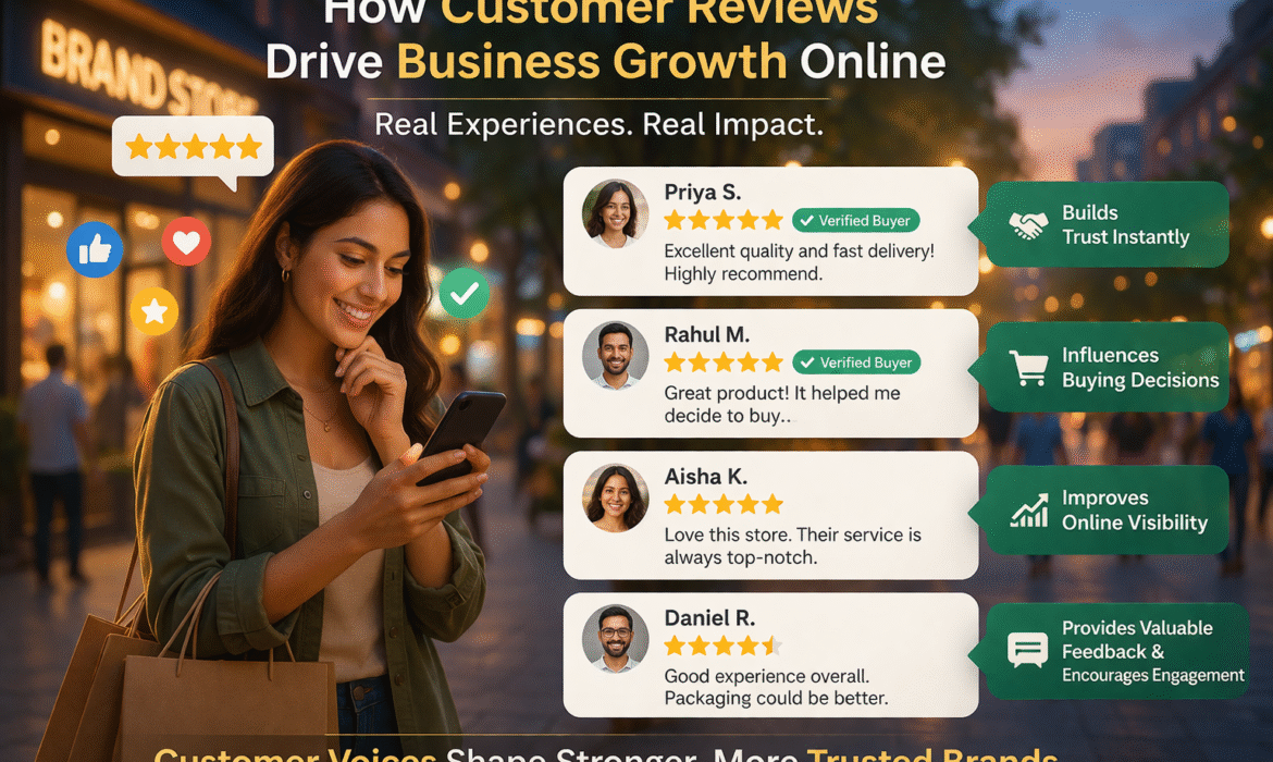 Customer reviews driving online business growth through positive feedback, ratings, customer trust, brand visibility, and buying decisions. Marketing Go helps businesses with digital marketing strategies including SEO, Social Media Marketing, Google Ads, PPC, online reputation management, content marketing, performance marketing, and customer engagement in Karol Bagh and Delhi.