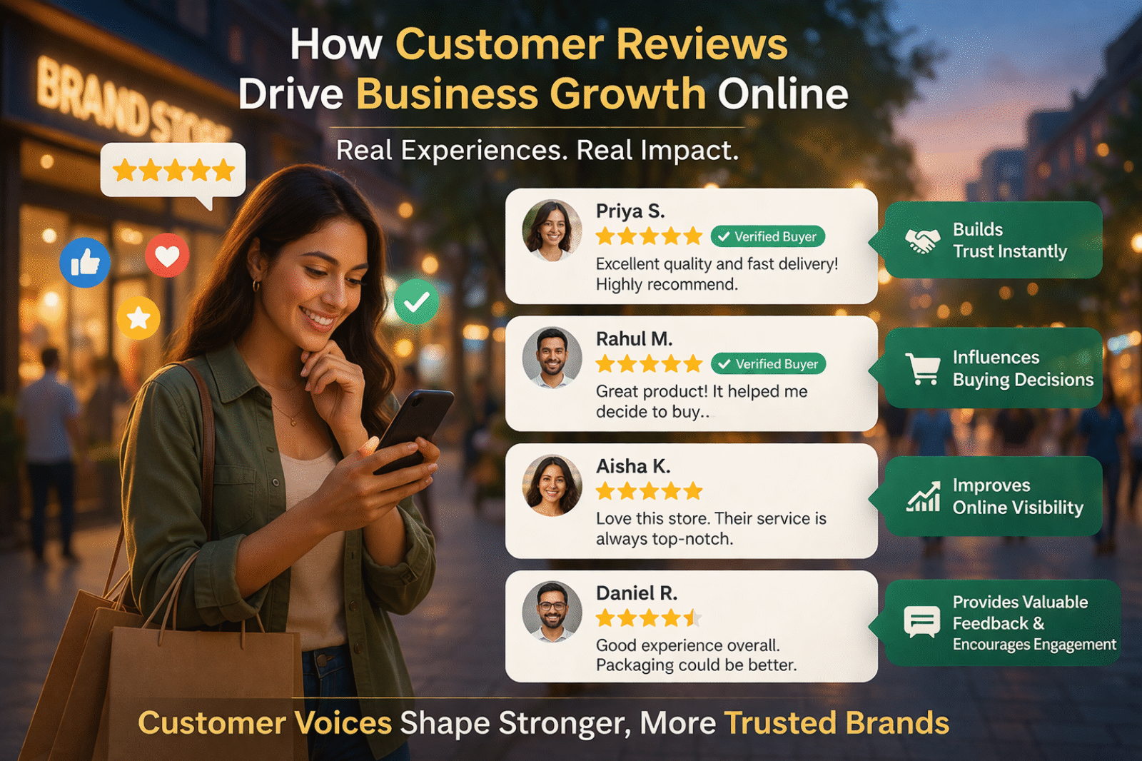 Customer reviews driving online business growth through positive feedback, ratings, customer trust, brand visibility, and buying decisions. Marketing Go helps businesses with digital marketing strategies including SEO, Social Media Marketing, Google Ads, PPC, online reputation management, content marketing, performance marketing, and customer engagement in Karol Bagh and Delhi.