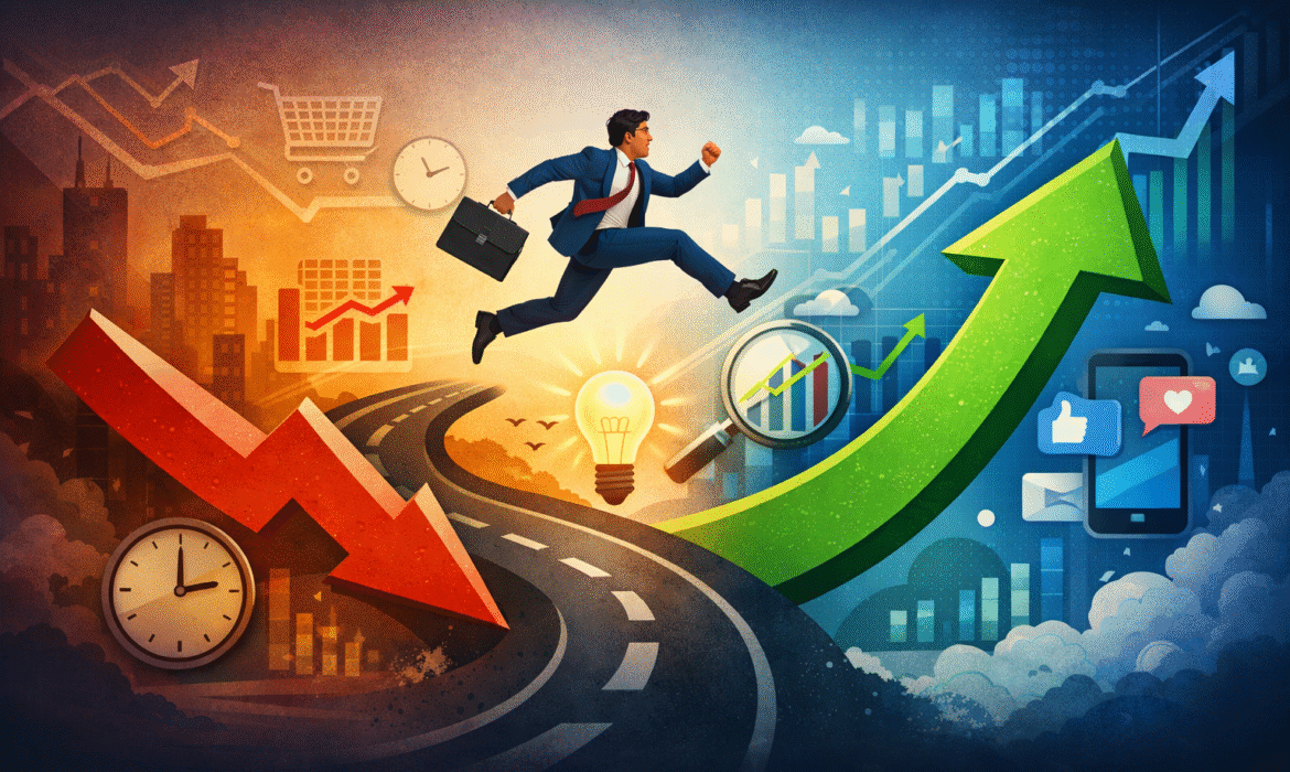 Digital marketing business growth concept showing a professional moving toward increased online growth, with SEO, social media marketing, Google Ads, PPC, digital marketing strategy, website marketing, performance marketing, and business development. Marketing Go provides digital marketing services and training in Karol Bagh, Delhi.