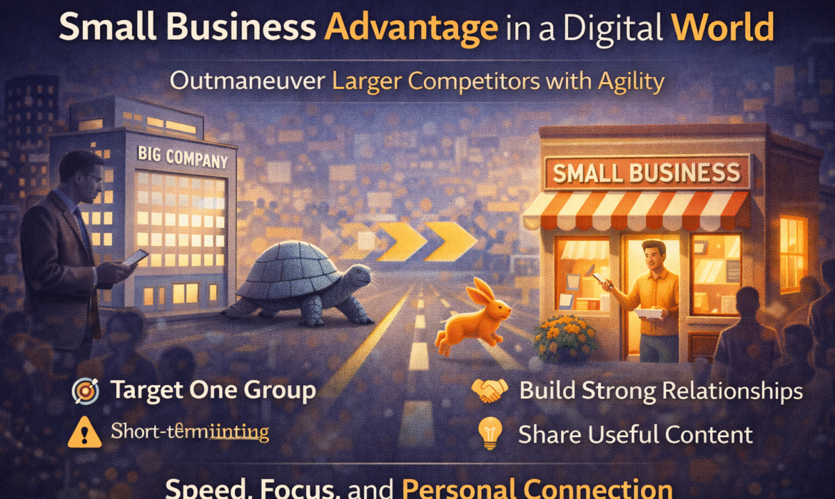 Small business advantage in a digital world, showing digital marketing strategies for small businesses to compete with larger companies through SEO, social media marketing, content marketing, online advertising, Google Ads, PPC, customer engagement, and strong business relationships. Marketing Go provides digital marketing services and training in Karol Bagh, Delhi.