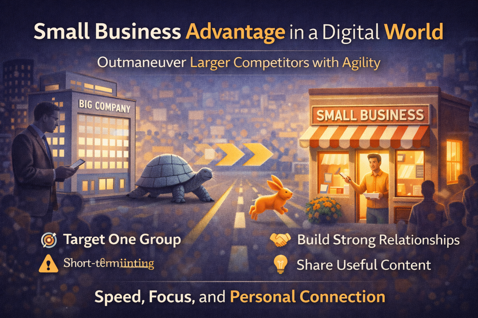 Small business advantage in a digital world, showing digital marketing strategies for small businesses to compete with larger companies through SEO, social media marketing, content marketing, online advertising, Google Ads, PPC, customer engagement, and strong business relationships. Marketing Go provides digital marketing services and training in Karol Bagh, Delhi.