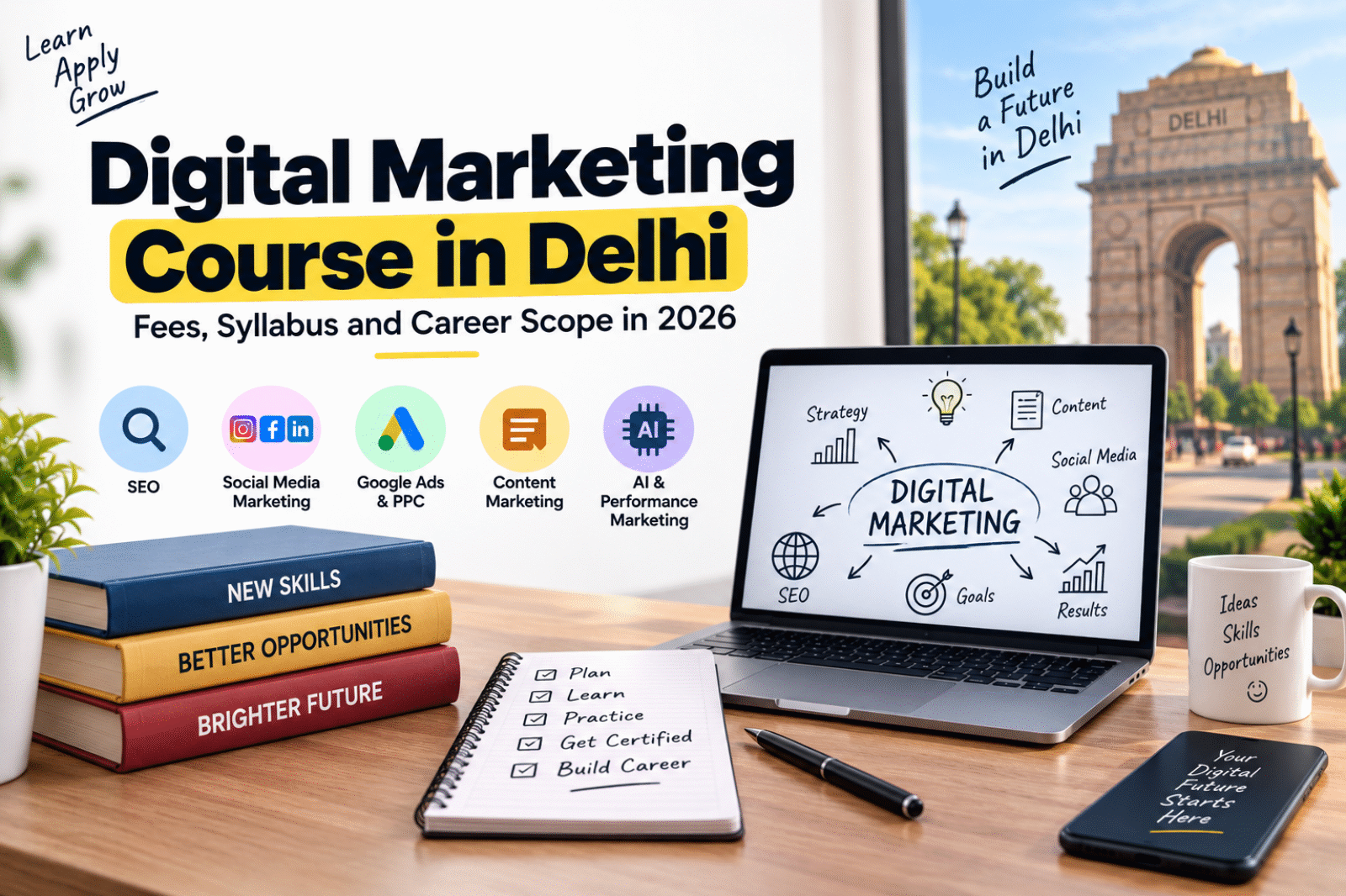 Digital Marketing Course in Karol Bagh, Delhi by Marketing Go, covering SEO, Social Media Marketing, Google Ads and PPC, Content Marketing, AI & Performance Marketing, digital marketing strategies, practical training, career opportunities, and digital marketing course syllabus and fees.